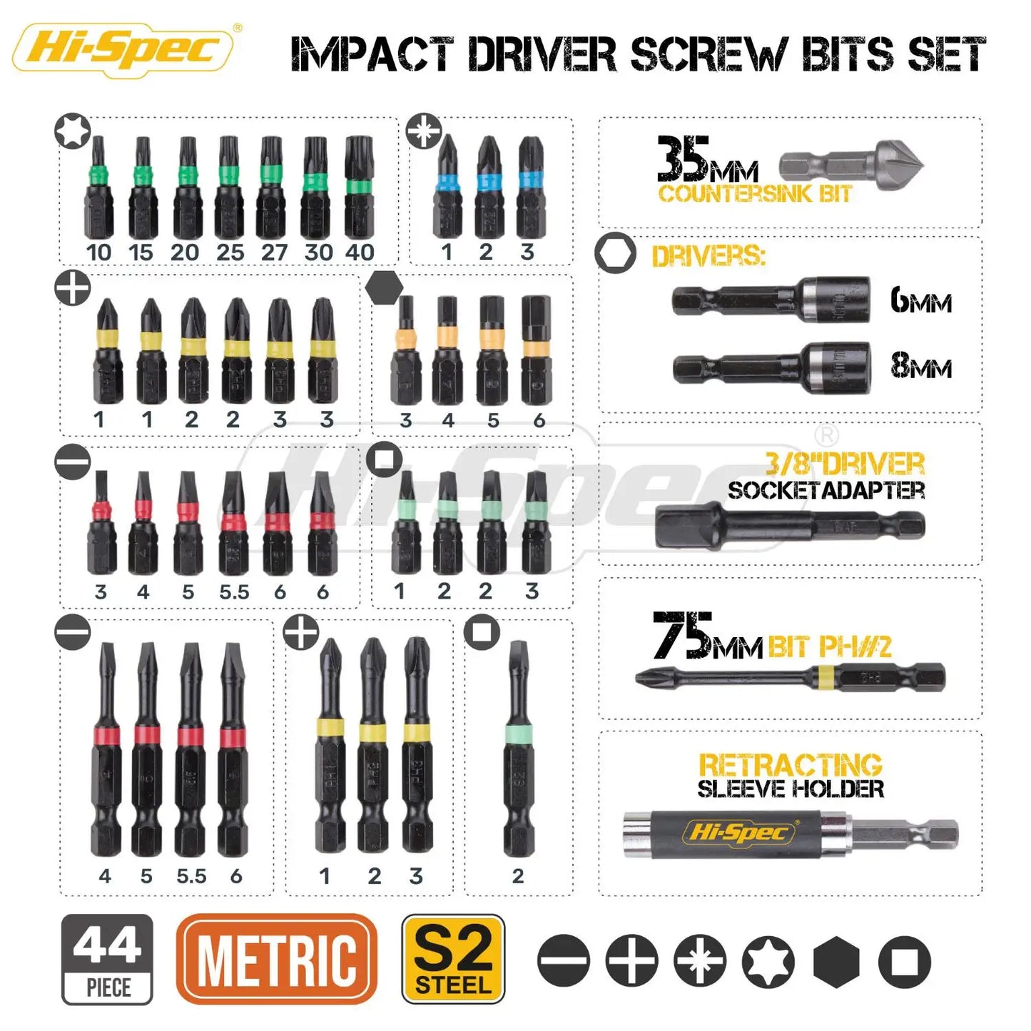 Hi-Spec 44pc Impact Driver Screw Bit Set