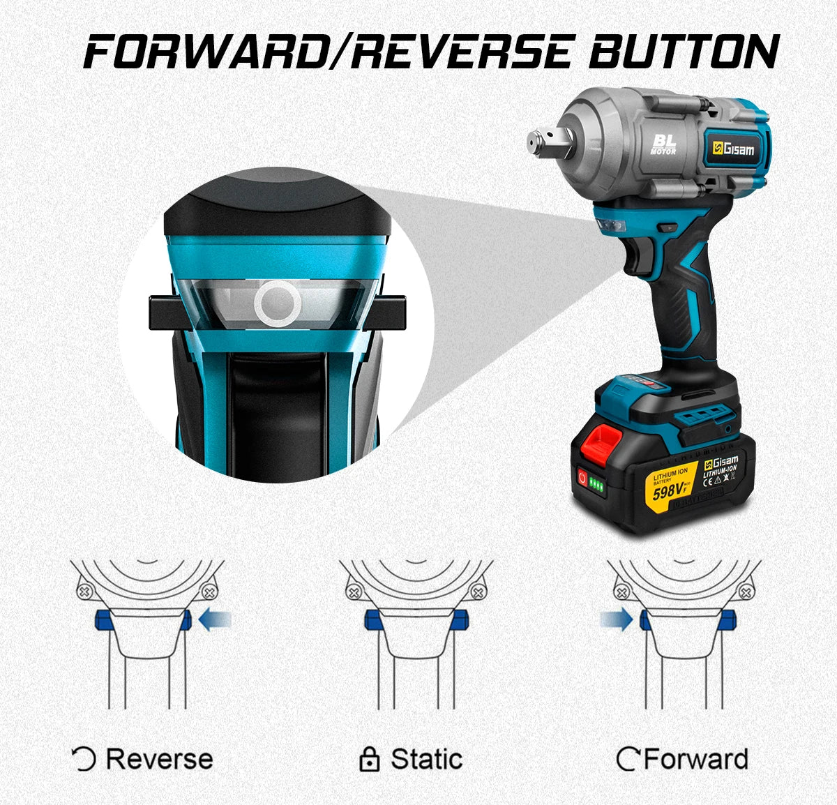Makita 18V Compatible Gisam 2000N.M Torque Brushless Electric Impact Wrench 1/2 inch Screwdriver Cordless Wrench Power Tool For Makita 18V Battery Pin