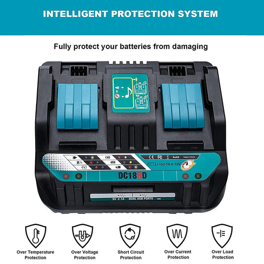 DC18RC 14-18V charger for Makita with USB ports.
