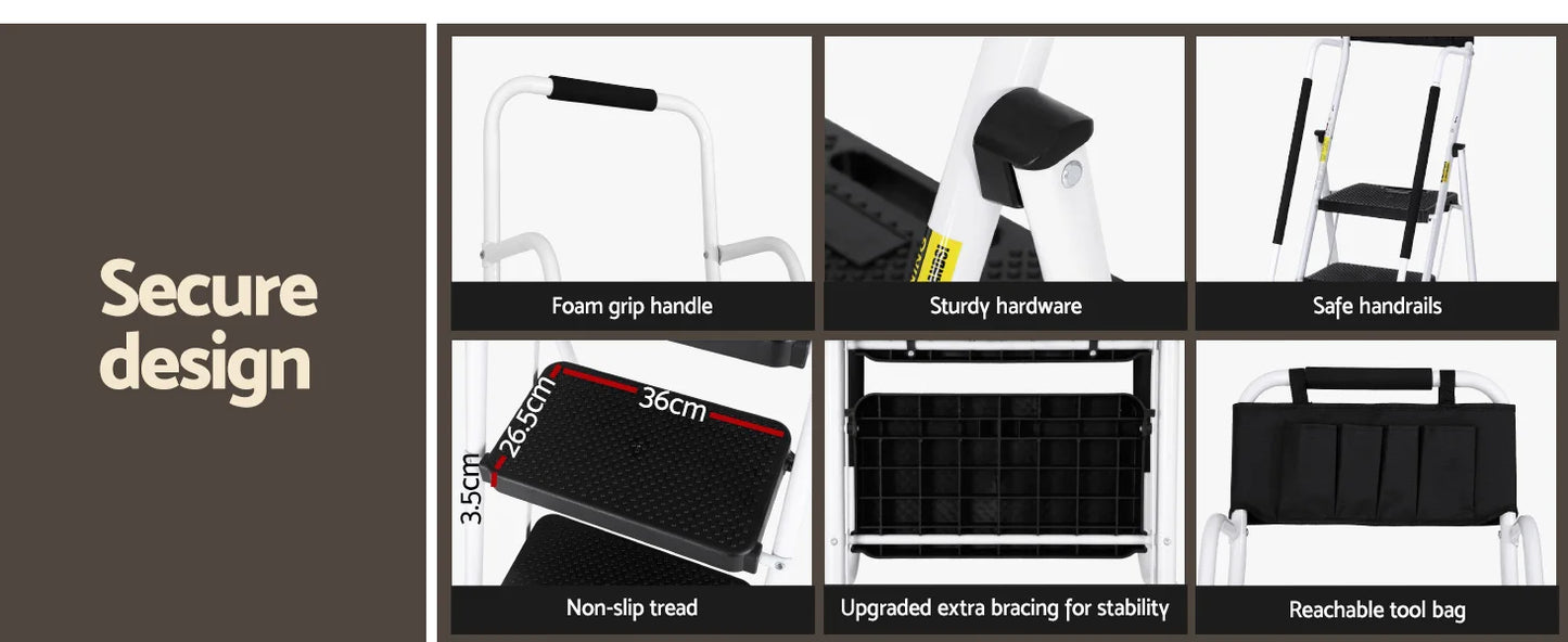 Step Ladder 4 Step Multi-Purpose Folding Steel Platform Tool Bag Handrails