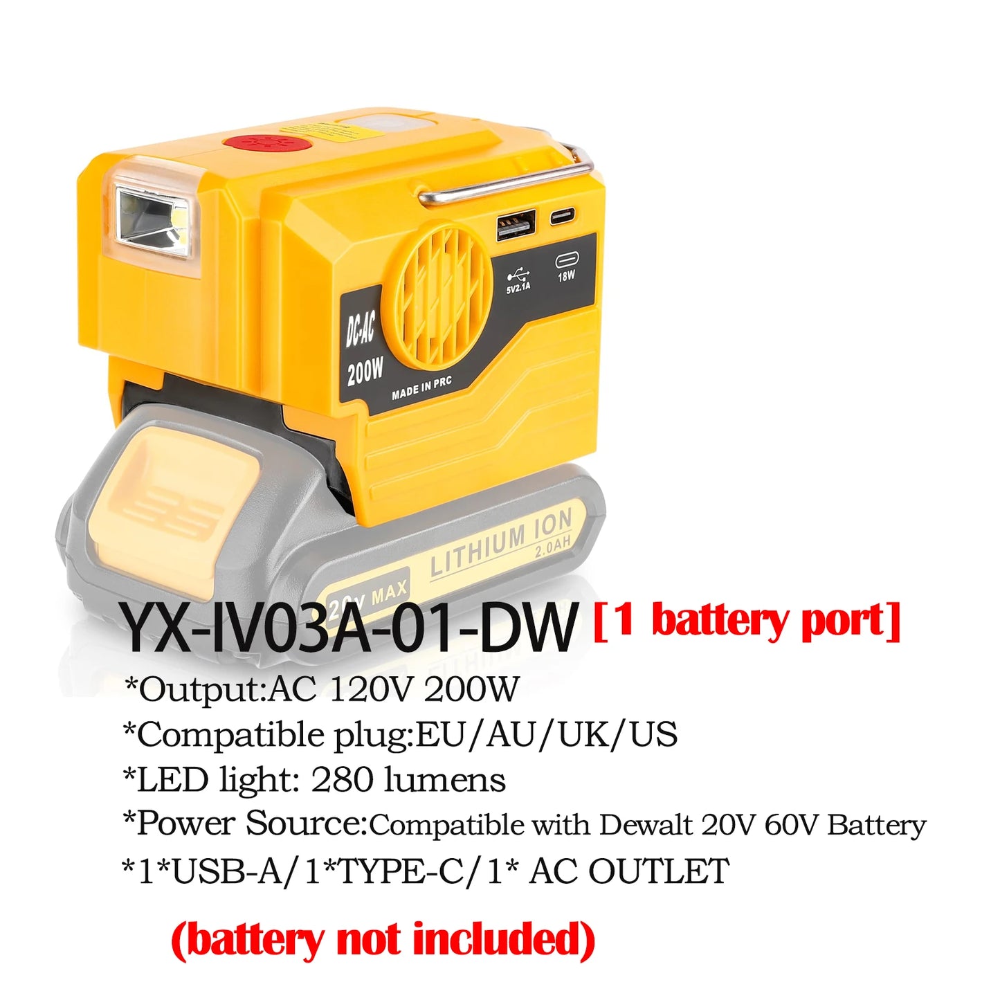 DeWalt Compatible 18V 20V Max JV 350W Output Portable Inverter for Dewalt 20V Max Battery Power Supply Source to AC 120V/220-230V Converter for Camping Emergency