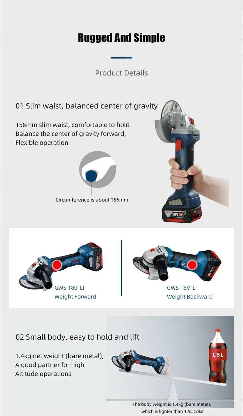 BOSCH GWS 180-LI 18V Grinding Cordless Angle Grinder Brushless Motor 100MM Rechargeable Portable Cutting Machine Polisher GWS180