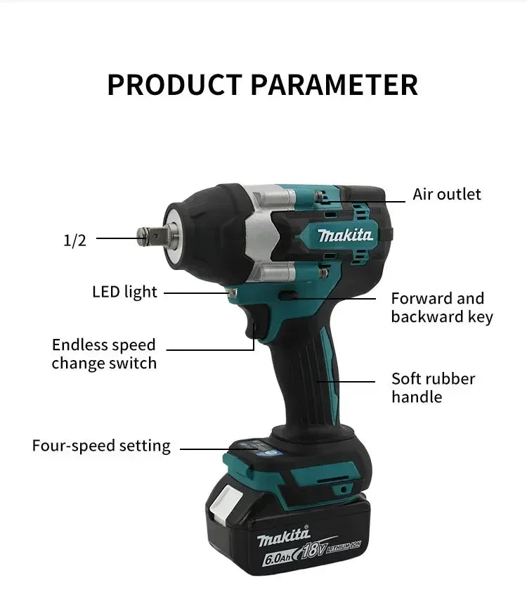 Makita 18V DTW700 Brushless Electric Wrench High Torque 18V Cordless Drill Screwdriver Rechargeable Electric Tools Torque Wrench
