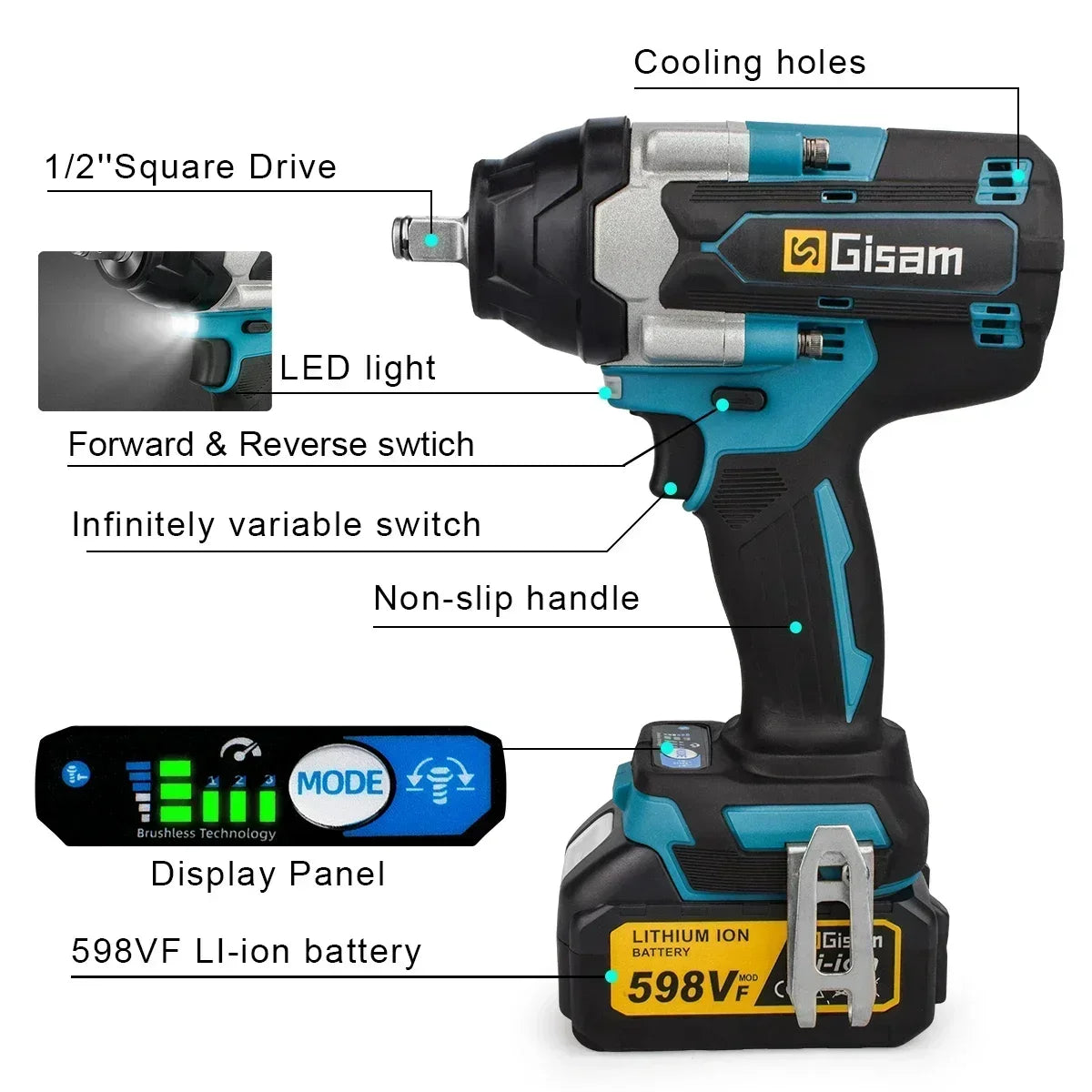 Makita 18V compatible Gisam 1800N.M Torque Brushless Electric Impact Wrench 1/2 inch Screwdriver Cordless Wrench Power Tool For Makita 18V Battery pin