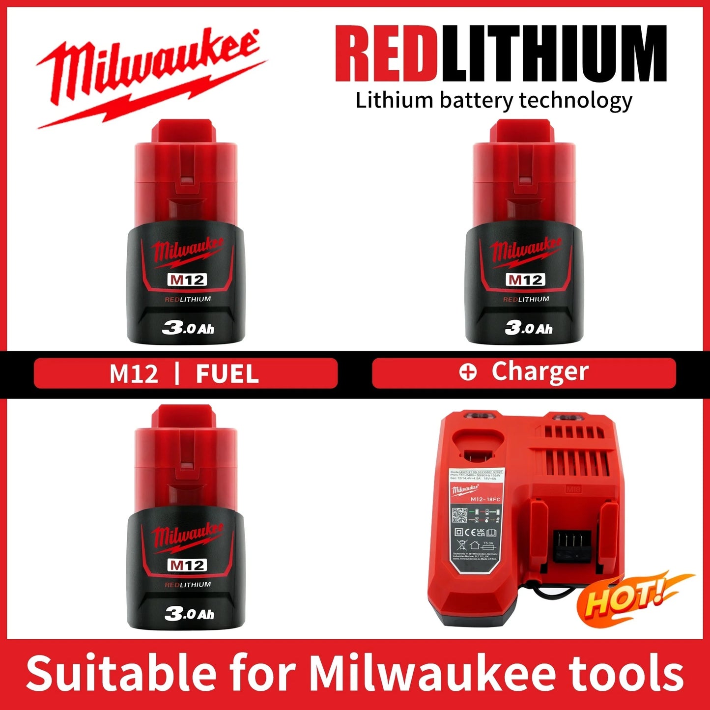 Milwaukee Original m12 battery 12V 3AH - 1Pk, 2Pk, 3Pk, 4Pk and charger options