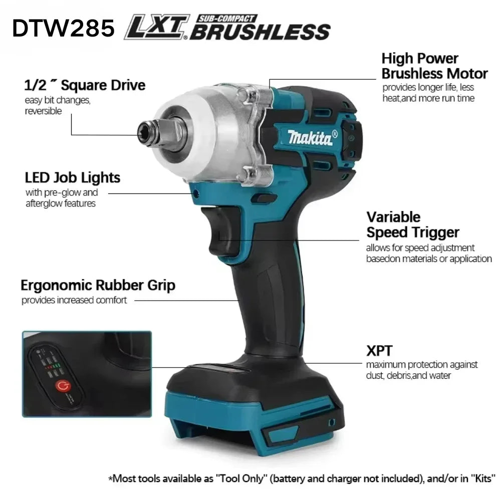 Makita DTW285 18V 320N.M Brushless Impact Wrench with 6.0Ah battery and Charger Kit
