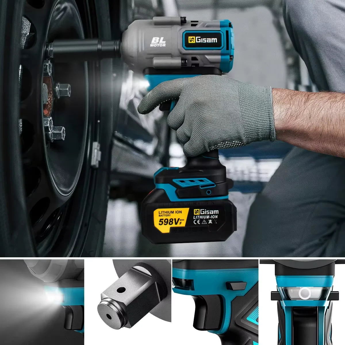 Makita 18V Compatible Gisam 2000N.M Torque Brushless Electric Impact Wrench 1/2 inch Screwdriver Cordless Wrench Power Tool For Makita 18V Battery Pin
