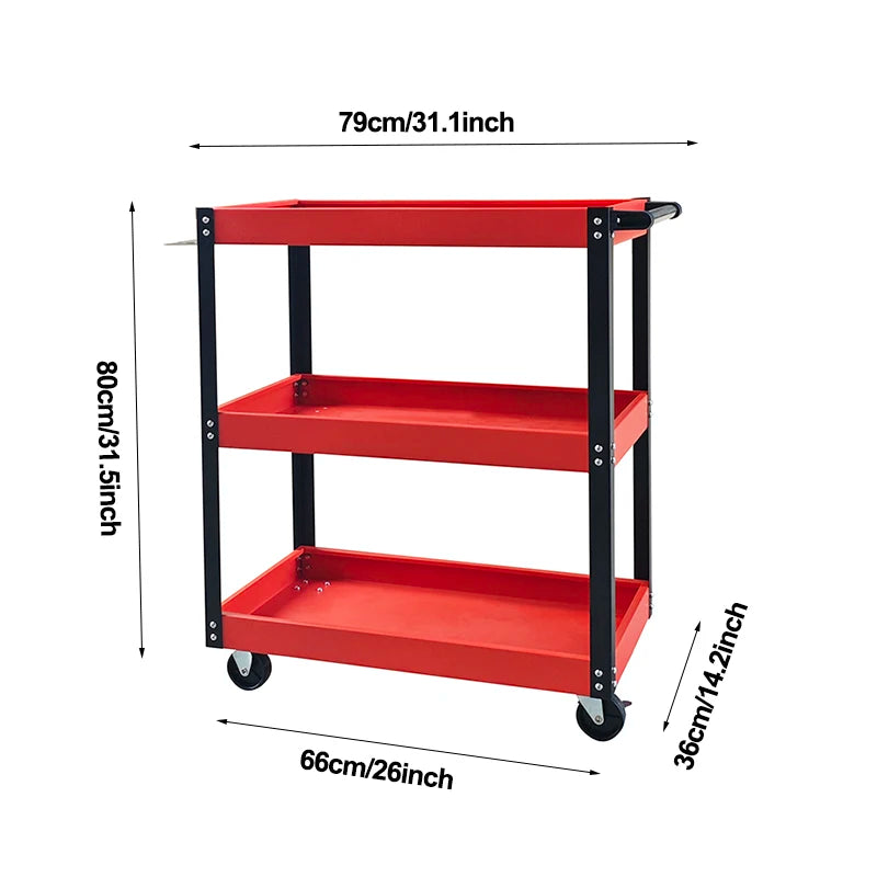 Trolley LEADLOONG Car Repair Bench 3 Tier Rolling Tool Cart, 330 Lbs Capacity, Red, 3 Shelves Steel Utility Cart for Garage, Workshop