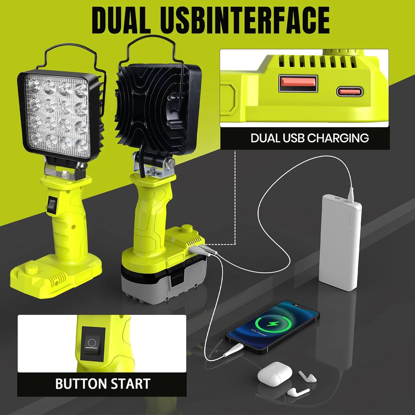 LED Work/Camp Light with USB Phone charging port for Ryobi 18V Lithium One+ Battery. 3 sizes