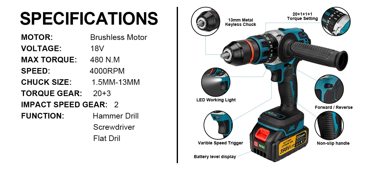 Makita Compatible 18V Gisam 13mm 480N.M Brushless Electric Impact Drill Cordless Drill Electric Screwdriver DIY Driver Power Tool for Makita 18V Battery Pin