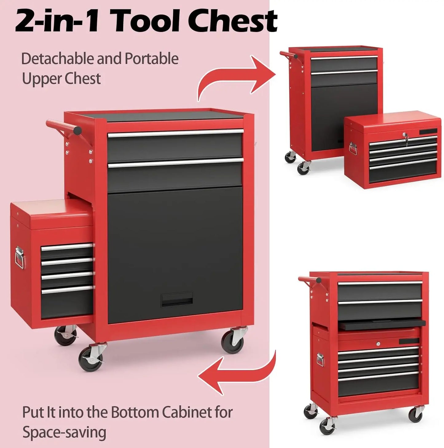 Tool Chest 2-In-1 6-Drawer Rolling Tool Chest, Lockable Tool Box and Storage Cabinet, Removable Toolbox Organizer for Garage, Factory, Wor