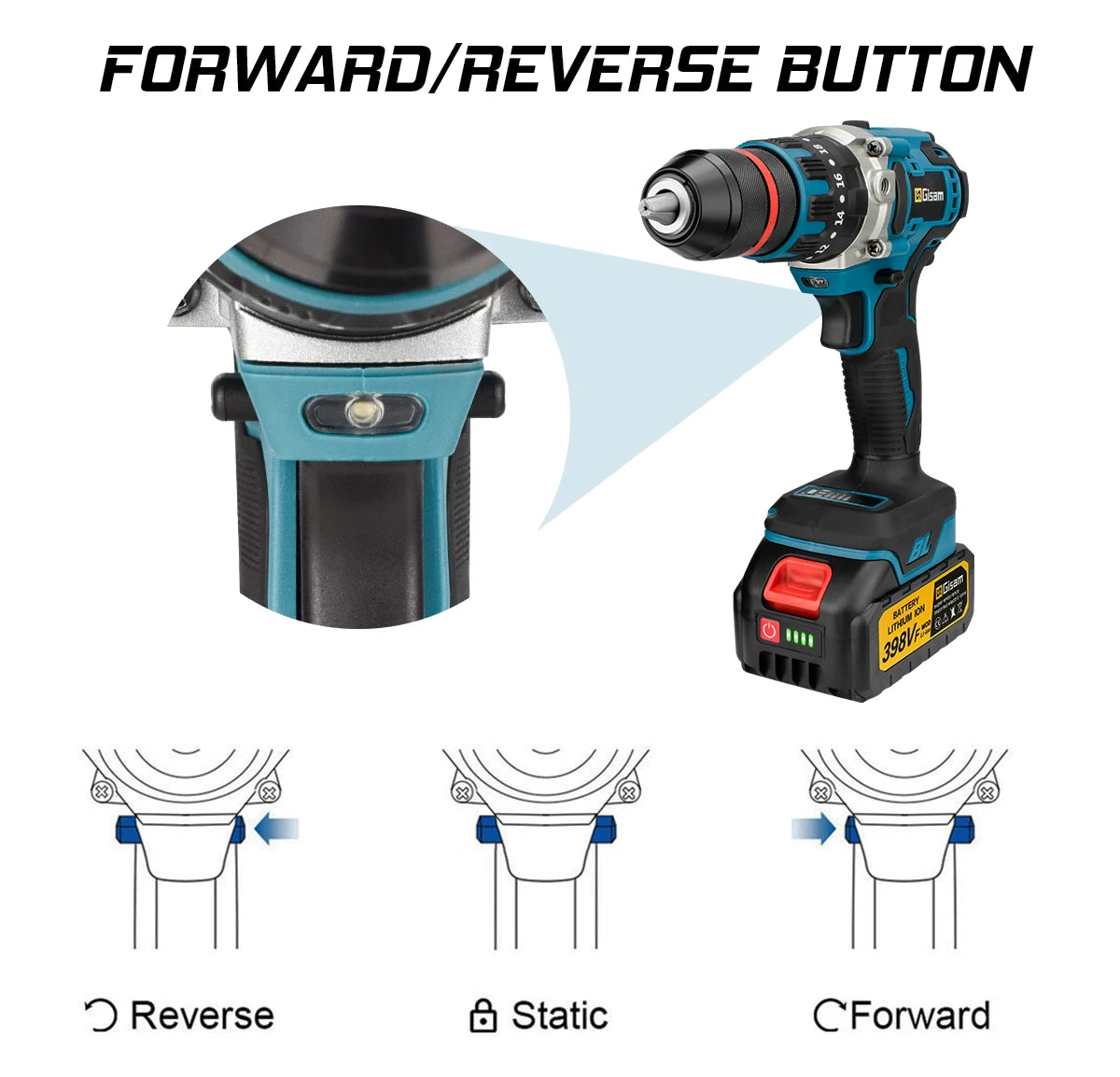Makita Compatible 18V Gisam 13mm 480N.M Brushless Electric Impact Drill Cordless Drill Electric Screwdriver DIY Driver Power Tool for Makita 18V Battery Pin