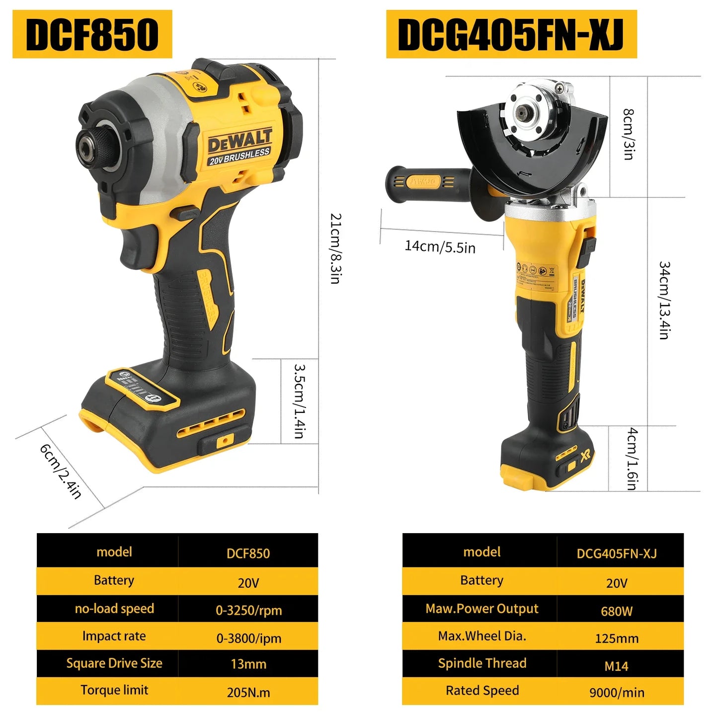DEWALT 20v Power Tool Bundle - DCD850 impact driver and DCG405XN-FJ 125mm Grinder (Tools only with bag)