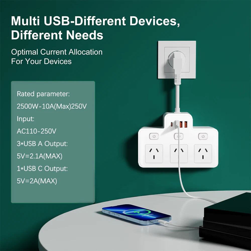 Power board Australia Power Strip AU Multitap Wall Mounted Independent Switch Power Socket With USB C Charging Ports Network Filter Adapter