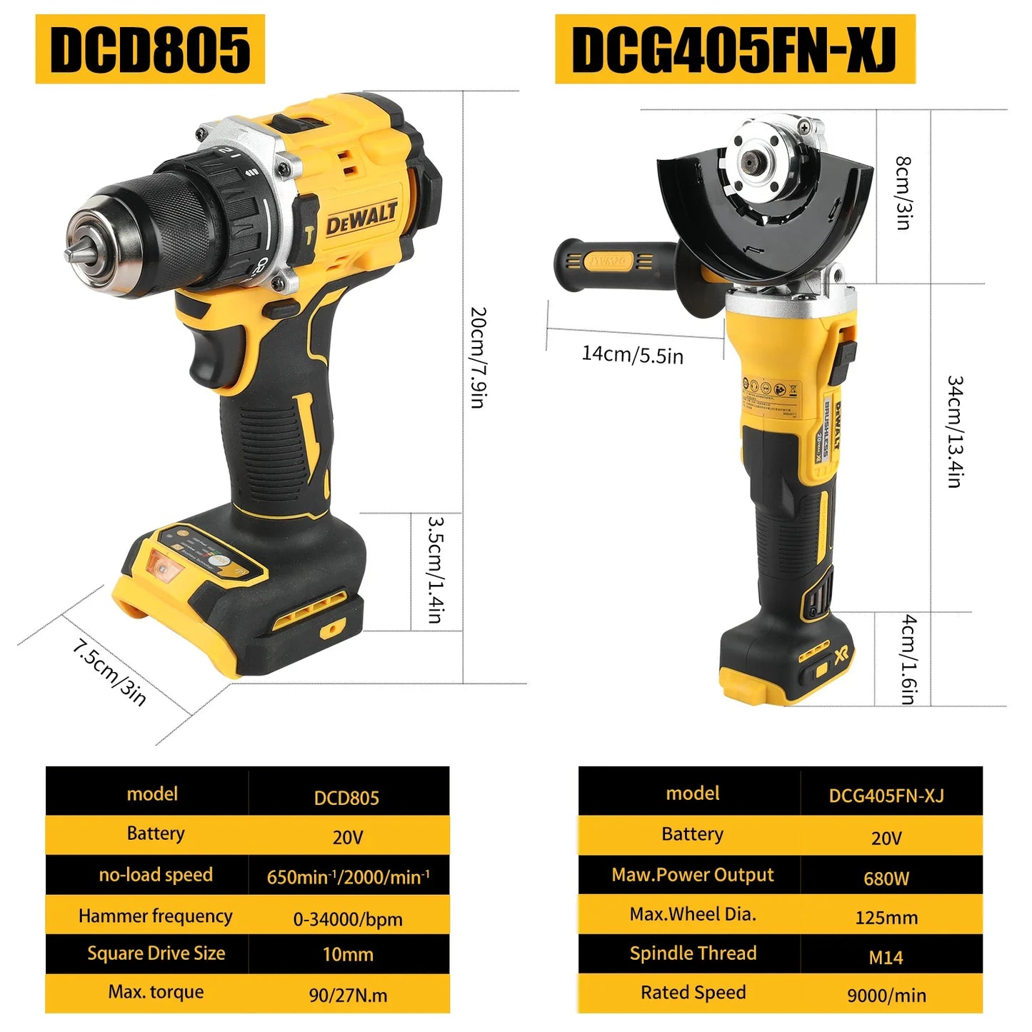 DEWALT 20v Power Tool Bundle - DCG405FN-XJ 125mm Grinder and DCD805 hammer drill (Tools only with bag)