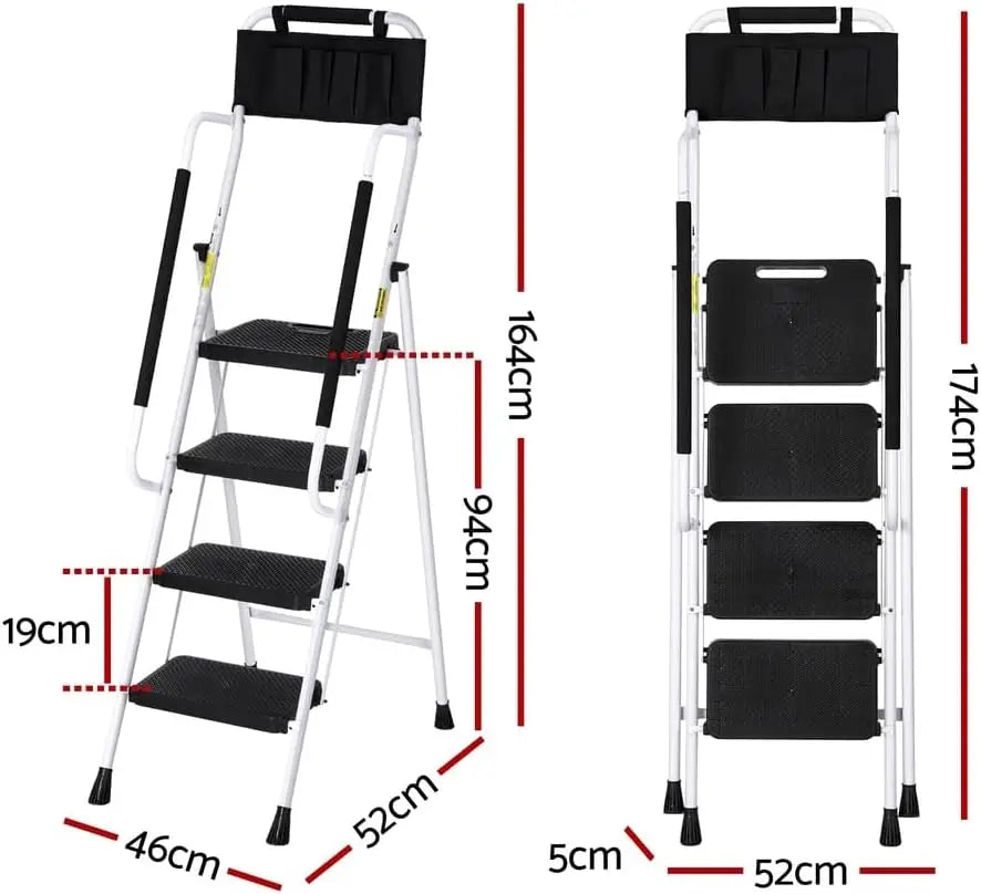 Step Ladder 4 Step Multi-Purpose Folding Steel Platform Tool Bag Handrails