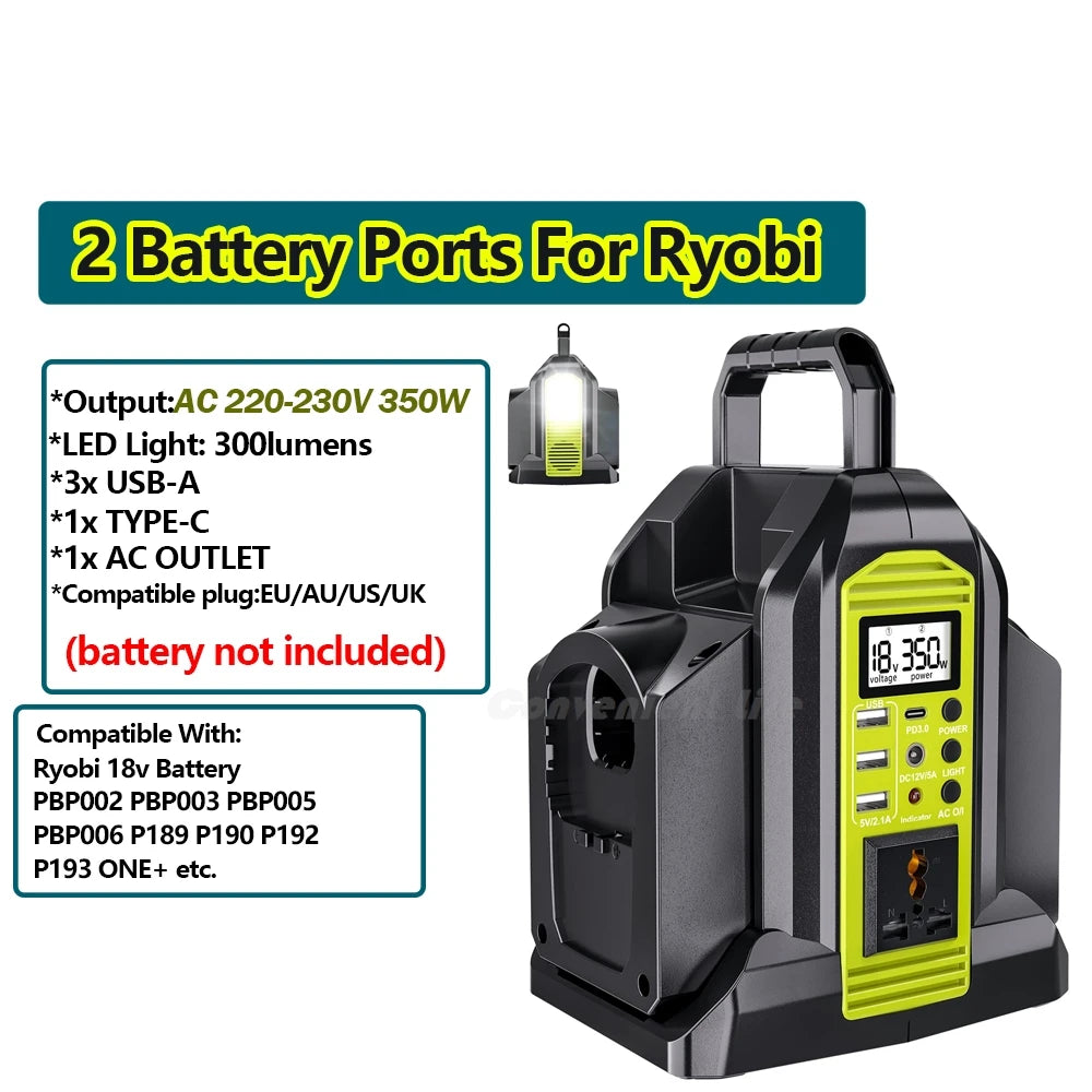 Ryobi Compatible 18V JV 350W Power Inverter for Ryobi 18V Battery 2/4-Ports DC 18V to AC 110-240V Pure Sine Wave Battery Inverter with USB-A/C LED Light