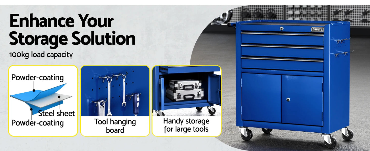 3 Drawers Large Tool Chest Trolley, Lockable Tool Box Tools Storage Box Cabinet Cart Garage Ute Organiser Boxes, 100kg Capacity