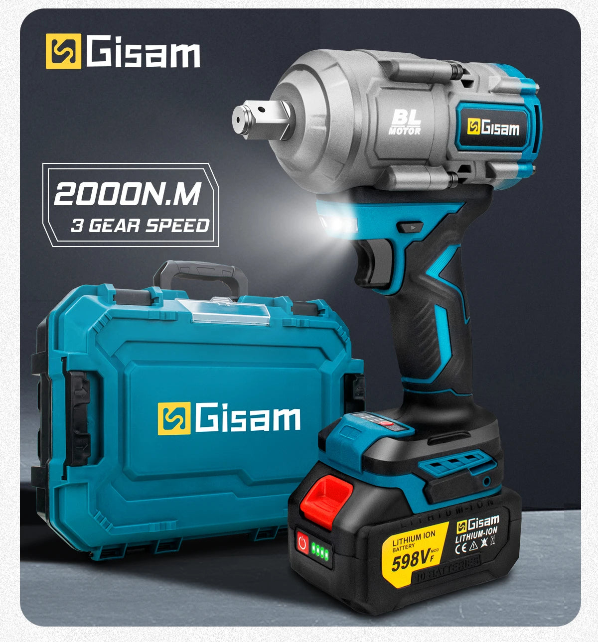 Makita 18V Compatible Gisam 2000N.M Torque Brushless Electric Impact Wrench 1/2 inch Screwdriver Cordless Wrench Power Tool For Makita 18V Battery Pin