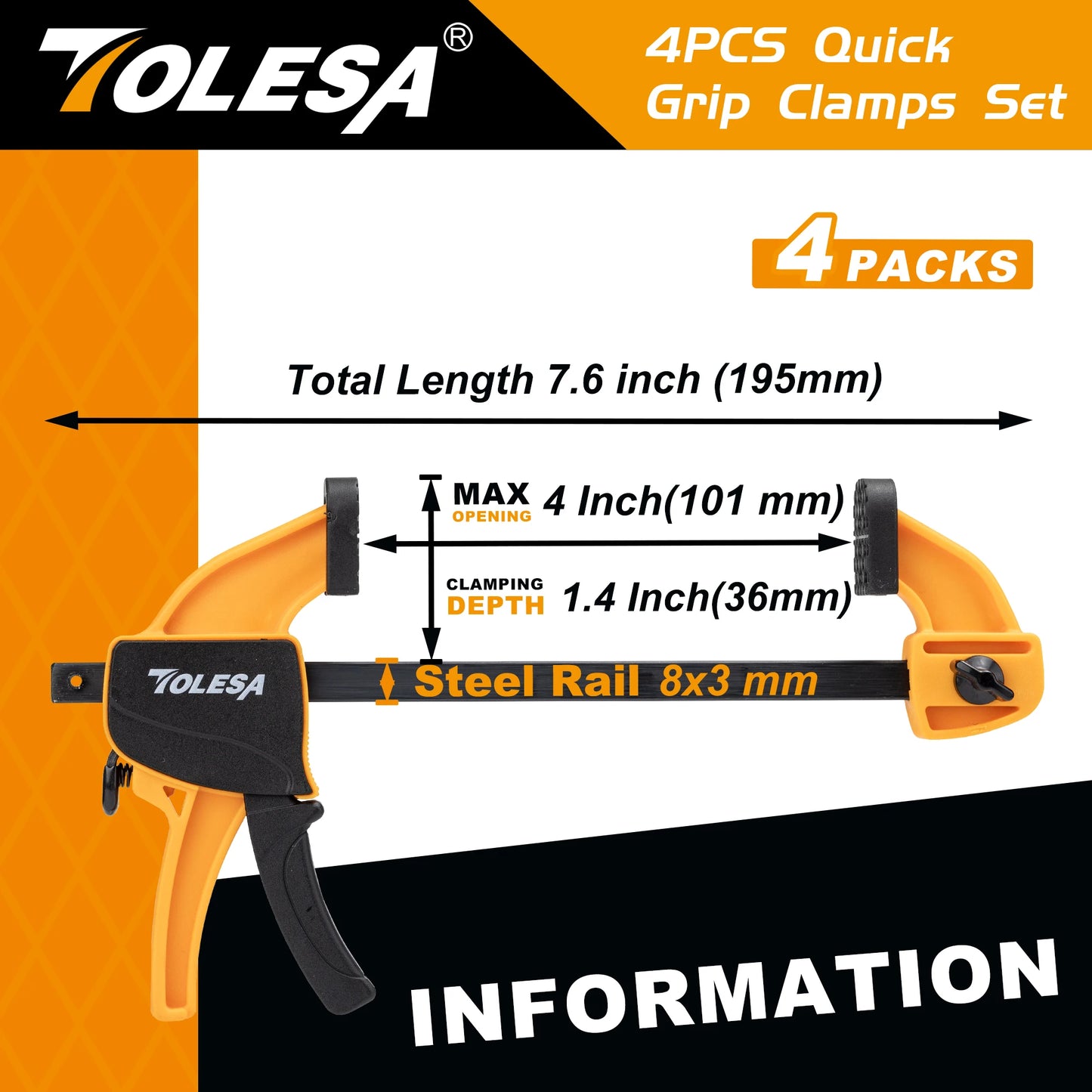 Tolesa A7BC1003 Bar Clamp Set 4pk– Compact Strength in Every Grip