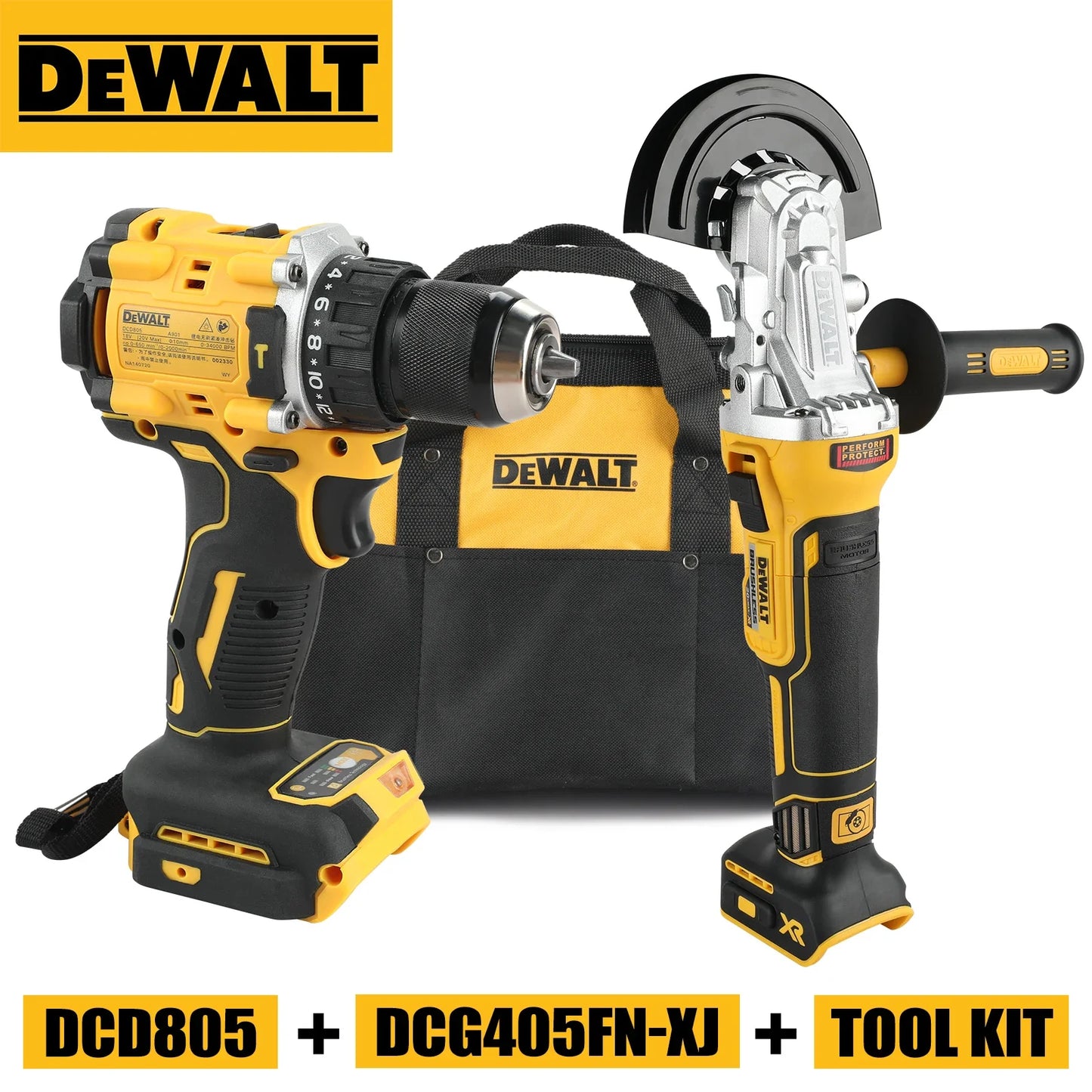 DEWALT 20v Power Tool Bundle - DCG405FN-XJ 125mm Grinder and DCD805 hammer drill (Tools only with bag)