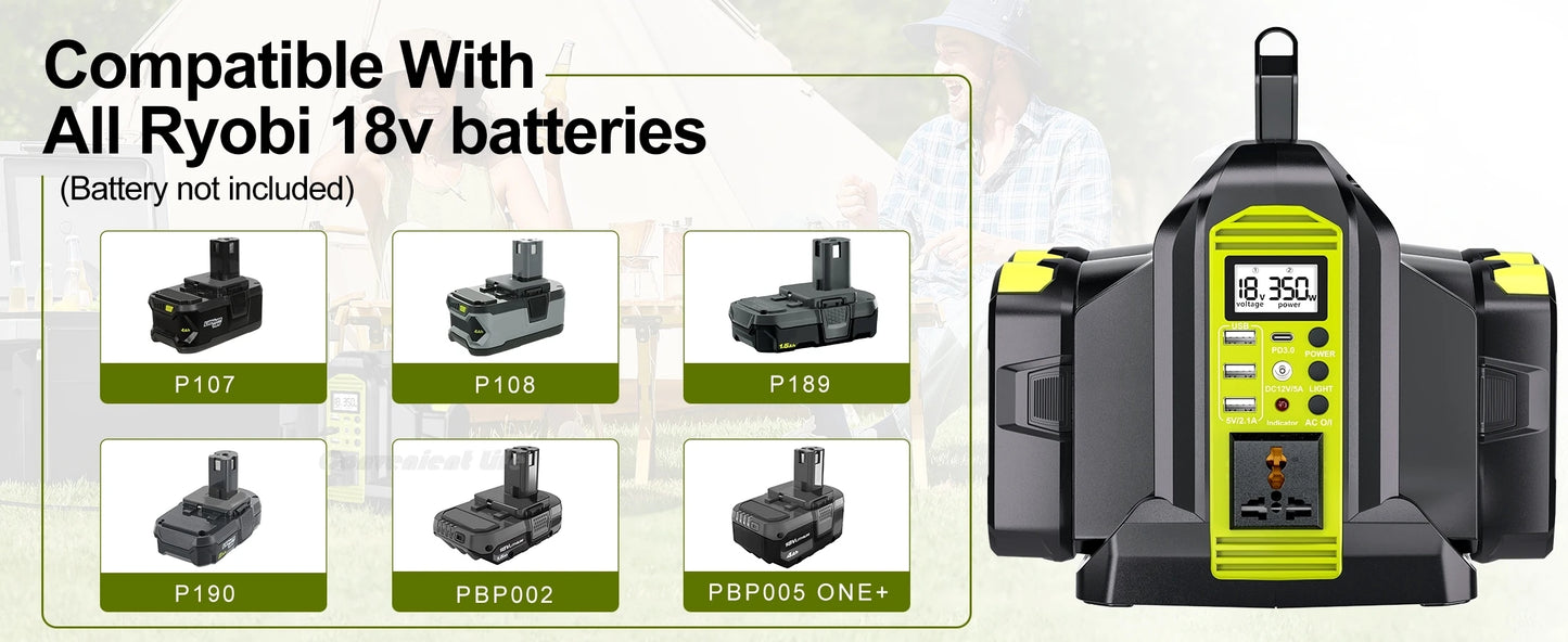 Ryobi Compatible 18V JV 350W Power Inverter for Ryobi 18V Battery 2/4-Ports DC 18V to AC 110-240V Pure Sine Wave Battery Inverter with USB-A/C LED Light