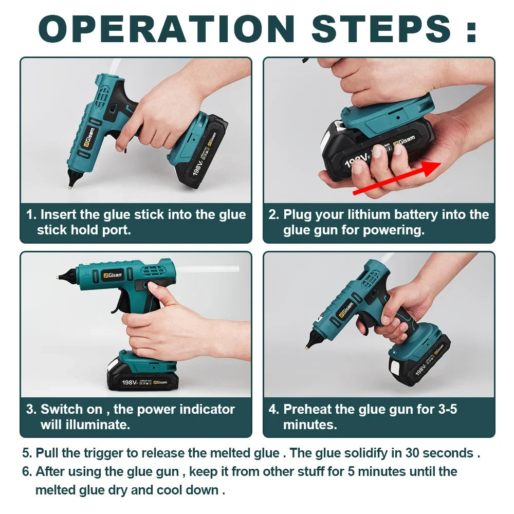 Makita compatible 18V Gisam Electric Hot Glue Gun with 2x batteries Cordless Heat Gun Battery Hot Silicone Gun DIY Hand Tool for Makita 18V Battery with 10 Hot Melt Adhesive