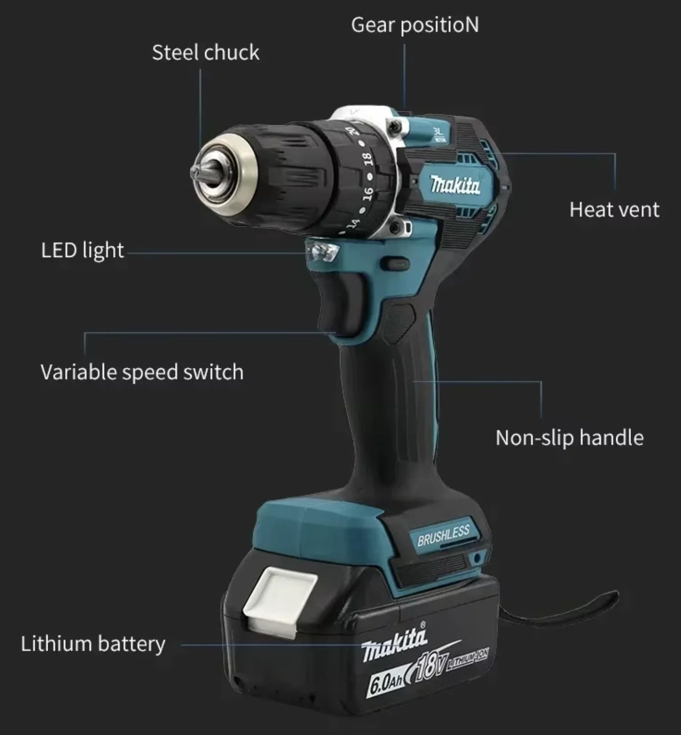 Makita DDF487 18V 10mm Brushless Handheld Electric Screwdriver 18V Lithium Battery Variable Speed for Household Appliance Tool