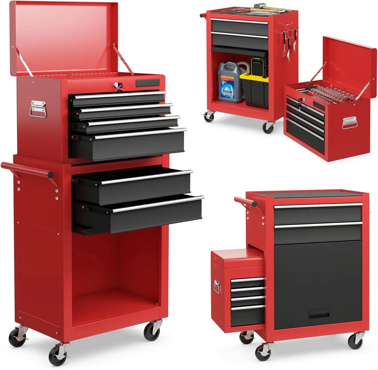 Tool Chest 2-In-1 6-Drawer Rolling Tool Chest, Lockable Tool Box and Storage Cabinet, Removable Toolbox Organizer for Garage, Factory, Wor