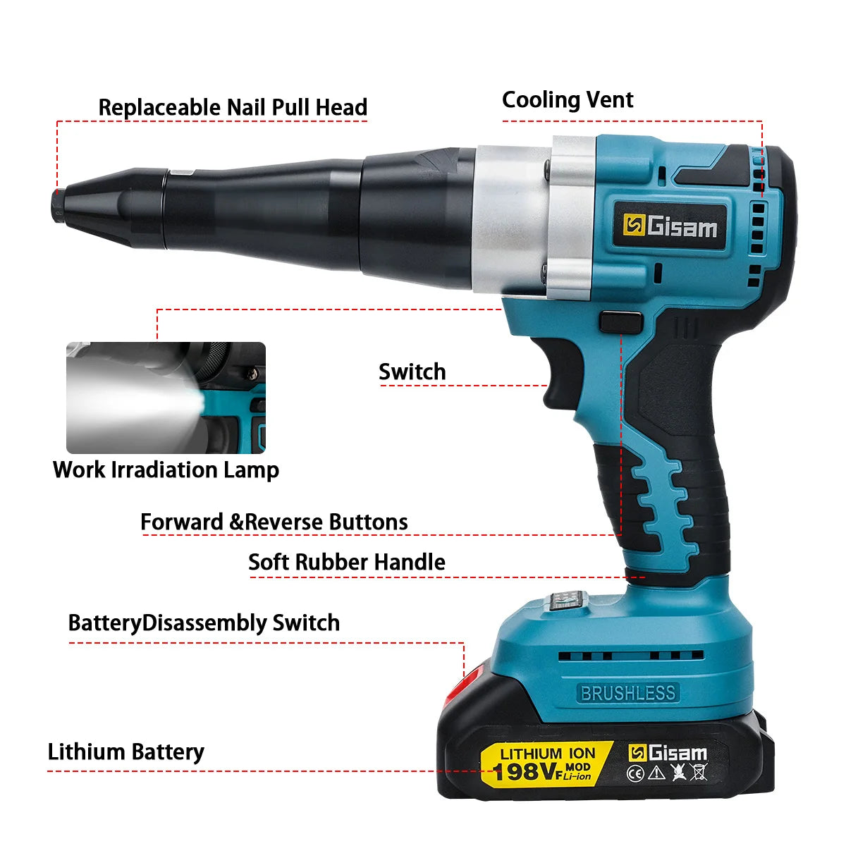 Makita compatible 18V Gisam 25000N Brushless 18V Electric Rivet Gun Cordless Rivet Nut Gun Drill Insert Automatic Riveting Tool For Makita 18V Battery Pin