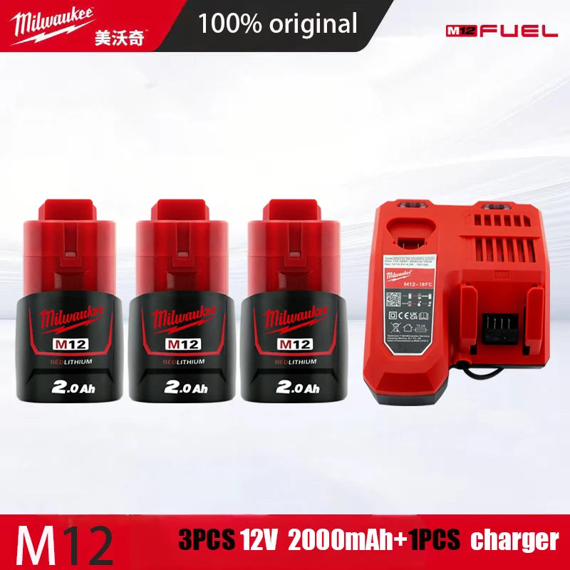 Milwaukee Original m12 battery 12V 3AH - 1Pk, 2Pk, 3Pk, 4Pk and charger options
