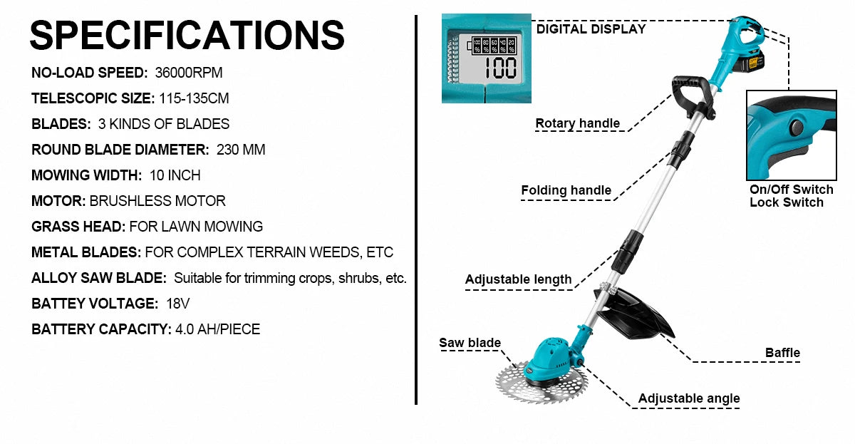 Makita Compatible 18V Gisam 10Inch Brushless Electric Lawn Mower 36000RPM Grass Trimmer Length Adjustable Garden Power Tool For Makita 18V Battery Pin