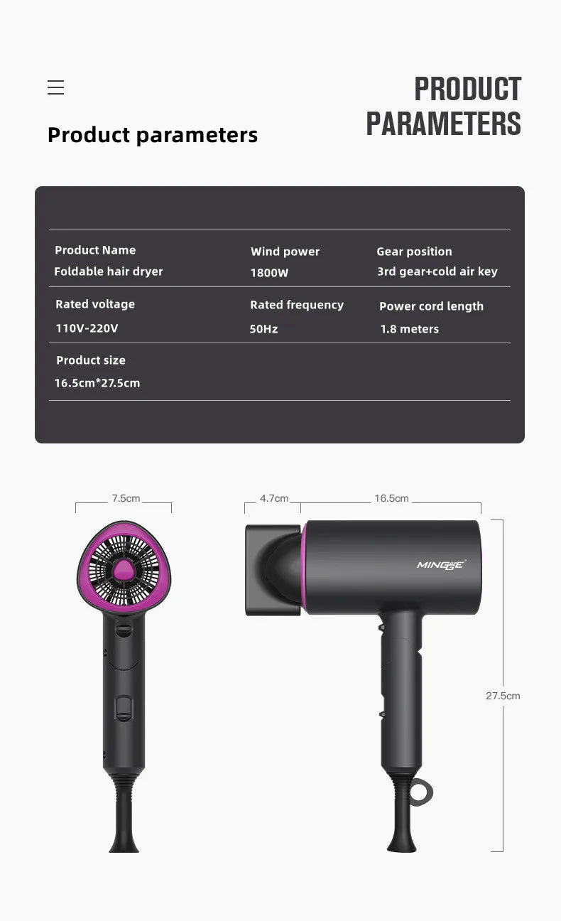 Hair Dryer 1800W Popular Foldable Hair Dryer Blue Light Negative Ion Super Silent