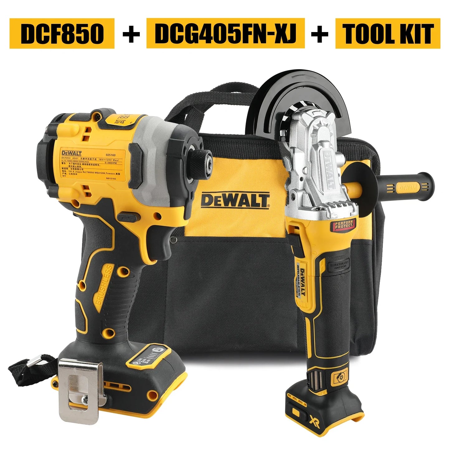 DEWALT 20v Power Tool Bundle - DCD850 impact driver and DCG405XN-FJ 125mm Grinder (Tools only with bag)