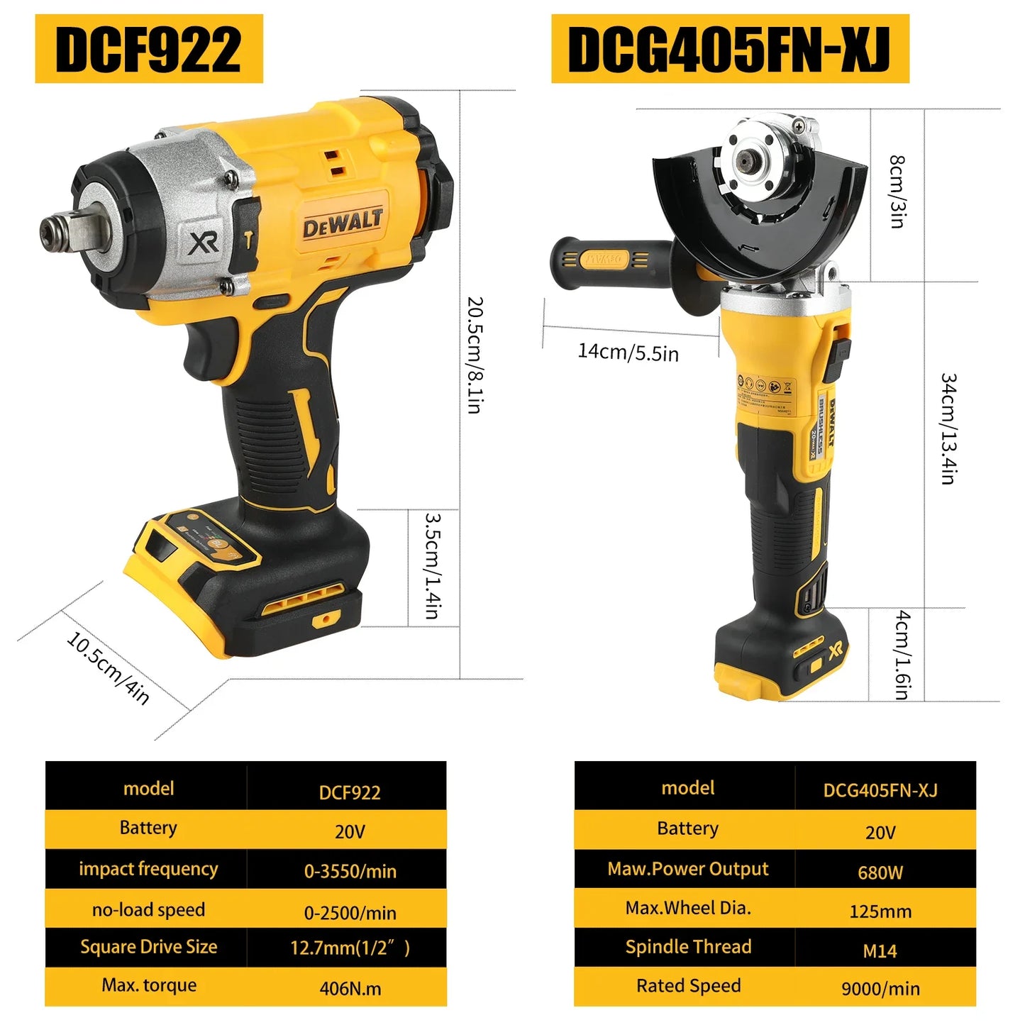 DEWALT 20v Power Bundle - DCF922 Impact wrench and DCG405FN-XJ 125mm Grinder with bag (Tools only with bag)