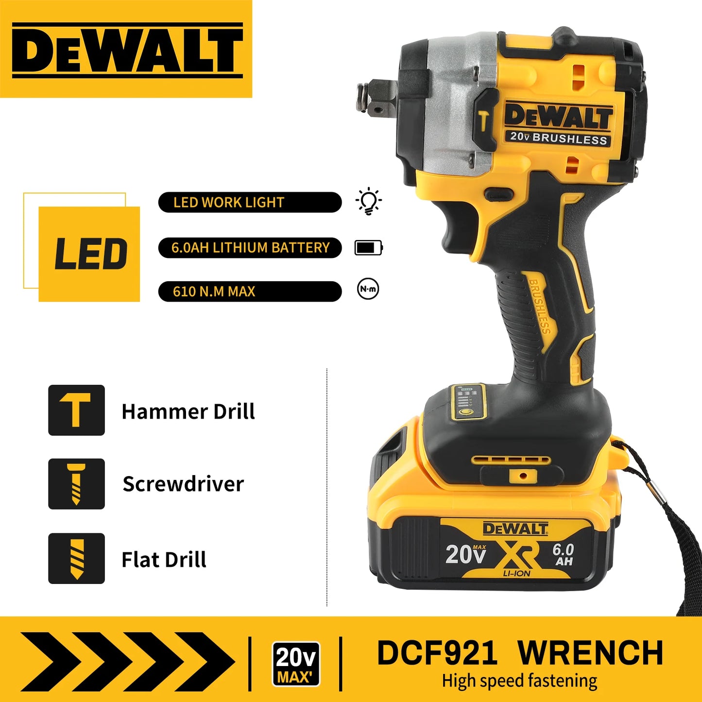DEWALT DCF921 18V 20V 1/2 in Cordless Compact Impact Wrench