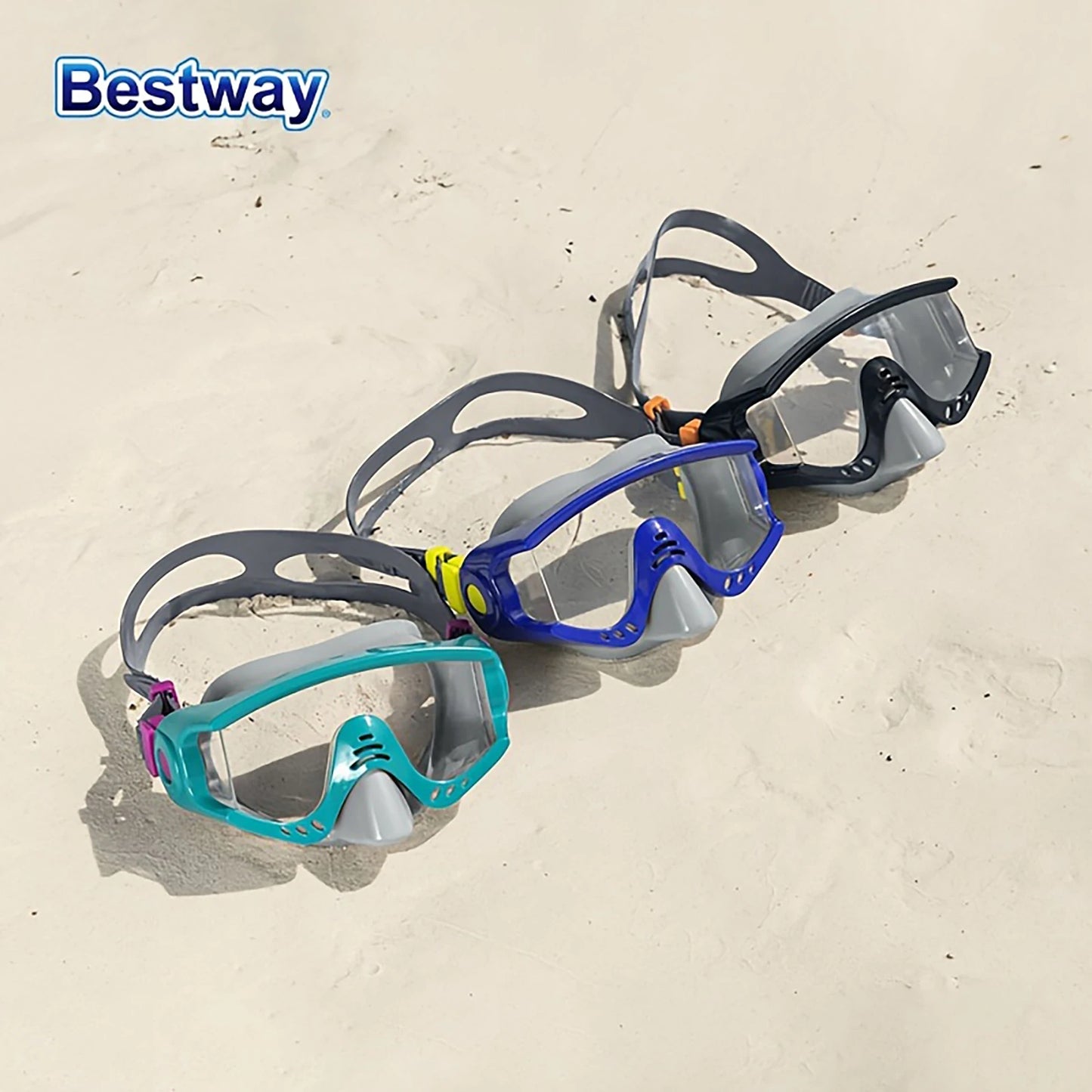 Bestway 22044 3 JV Colours/1 Swimming Goggle SetAdjustable Silicone Headband, Snorkelling Diving MaskPanoramic HD Swimming Mask
