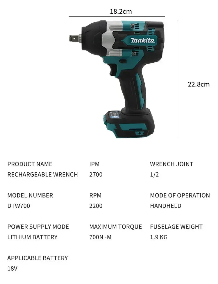 Makita 18V DTW700 Brushless Electric Wrench High Torque 18V Cordless Drill Screwdriver Rechargeable Electric Tools Torque Wrench