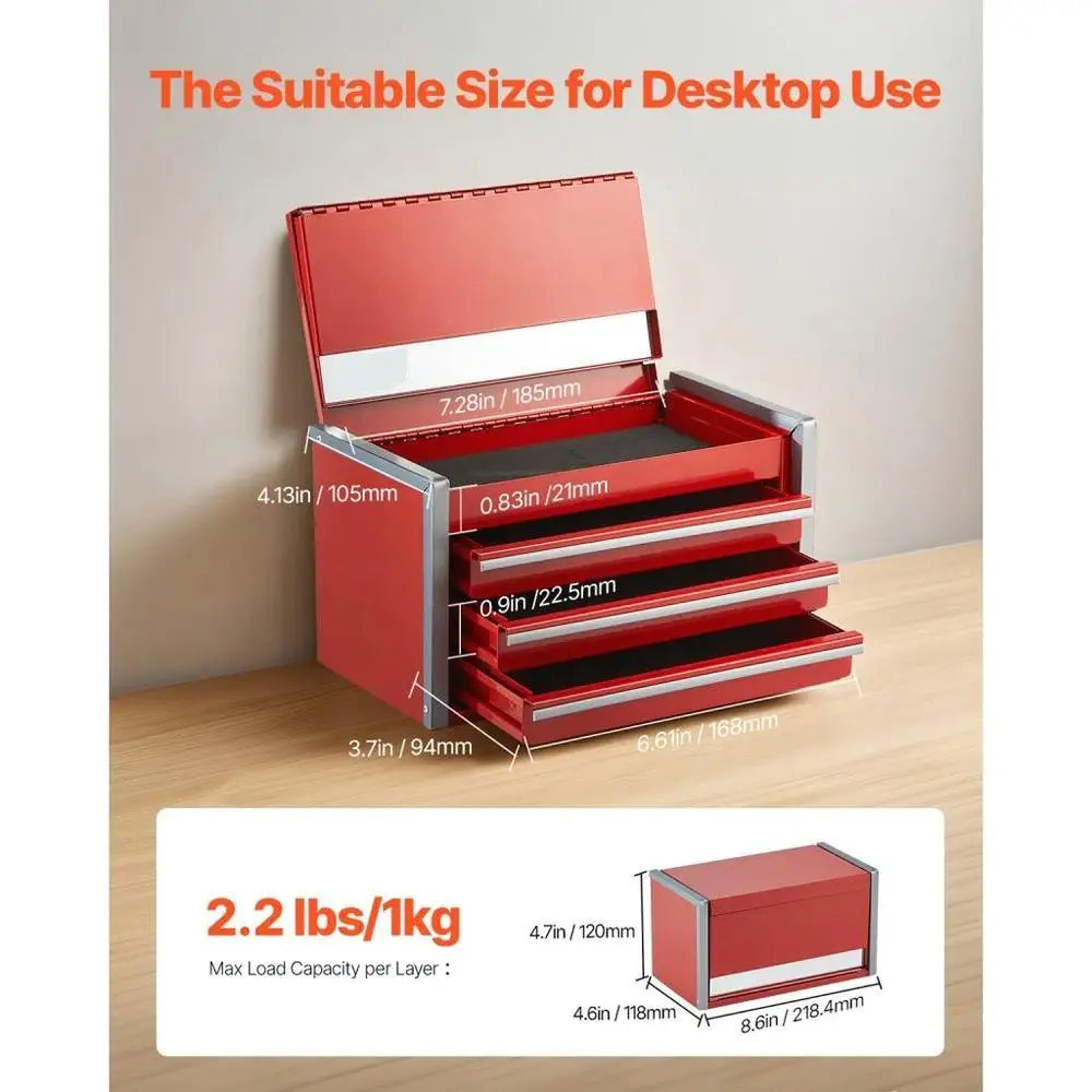 Toolbox Red Portable Metal Tool Box with 3 Drawers Tool Organizer for Home Garage and Workshop Storage