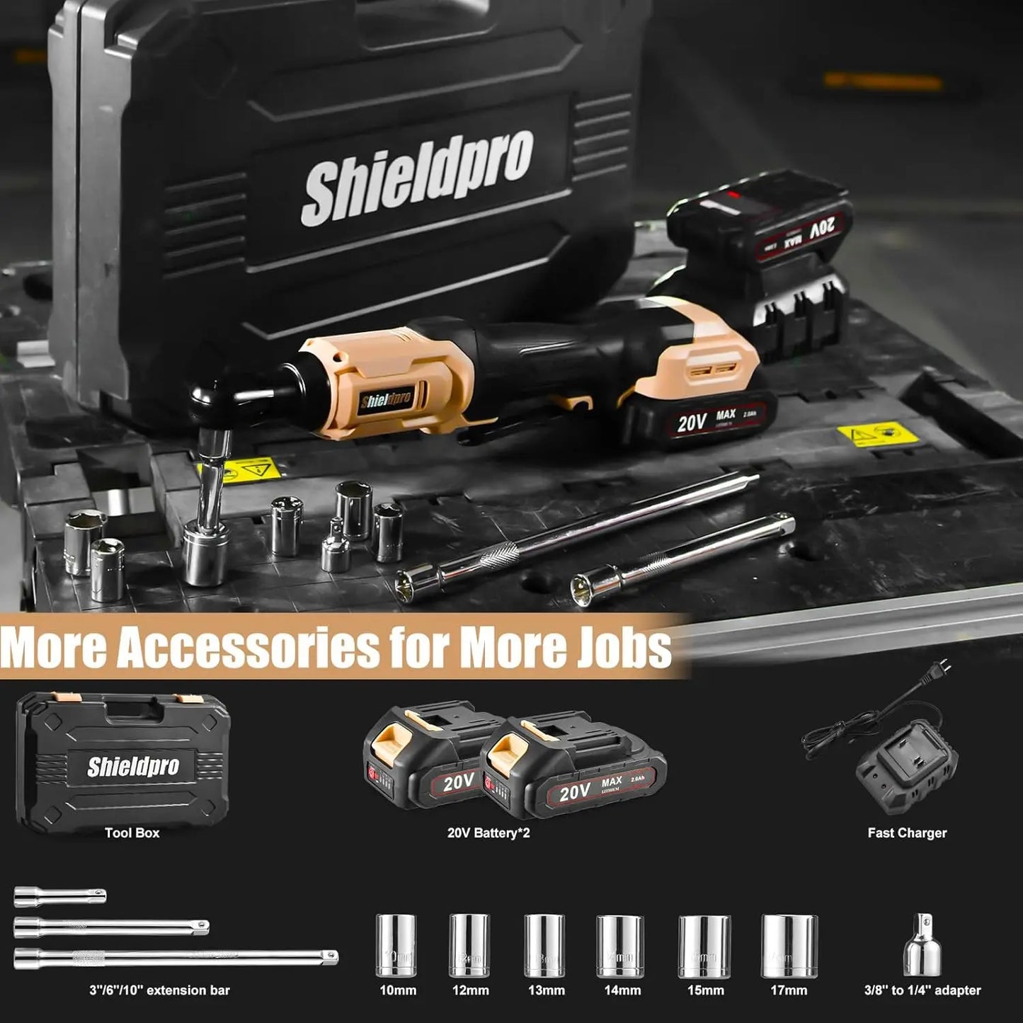 3/8" Cordless Ratchet Wrench Set, 20V Brushless Electric Ratchet Kit, 400RPM 45Ft-lbs Battery powered Ratchet with LED Light,