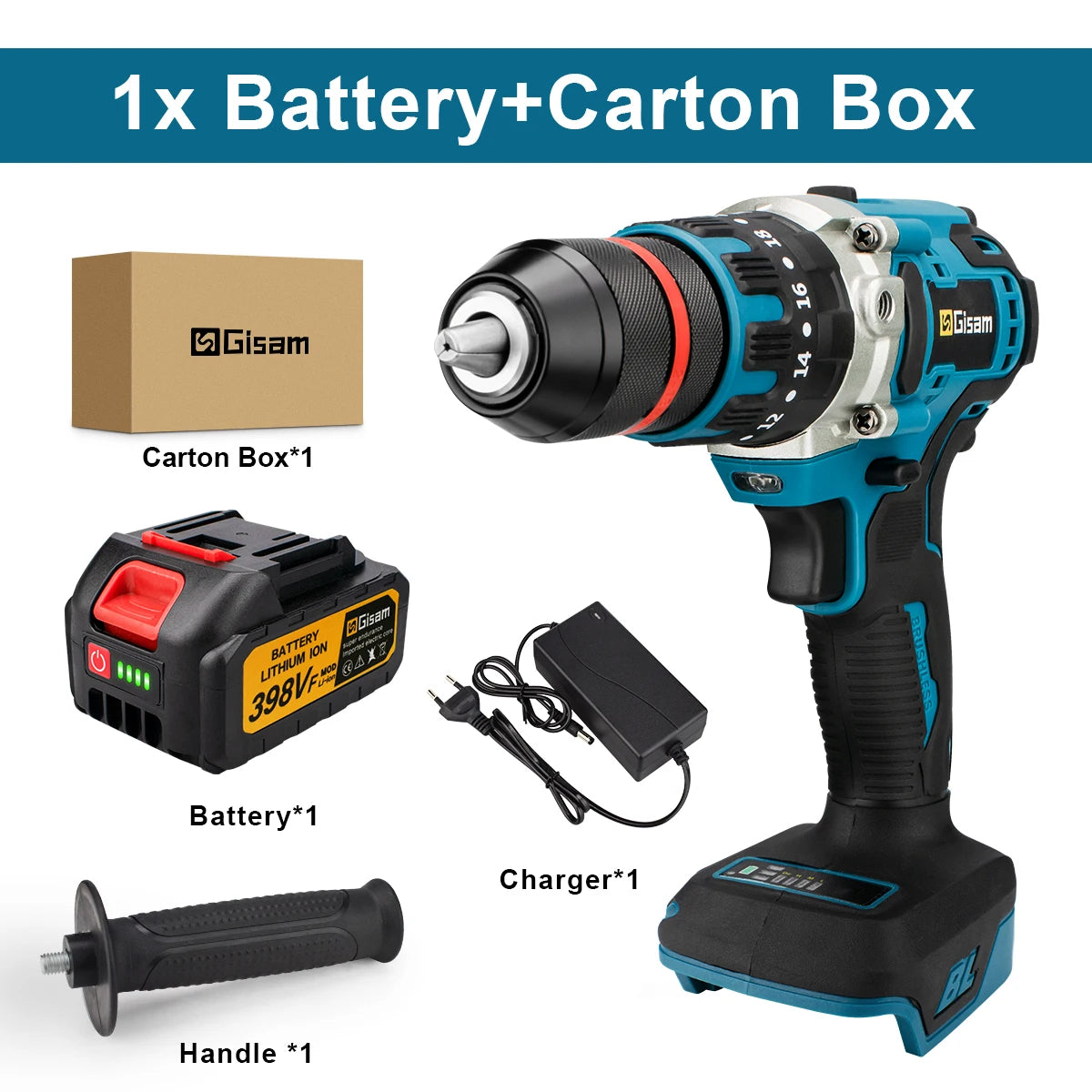 Makita Compatible 18V Gisam 13mm 480N.M Brushless Electric Impact Drill Cordless Drill Electric Screwdriver DIY Driver Power Tool for Makita 18V Battery Pin