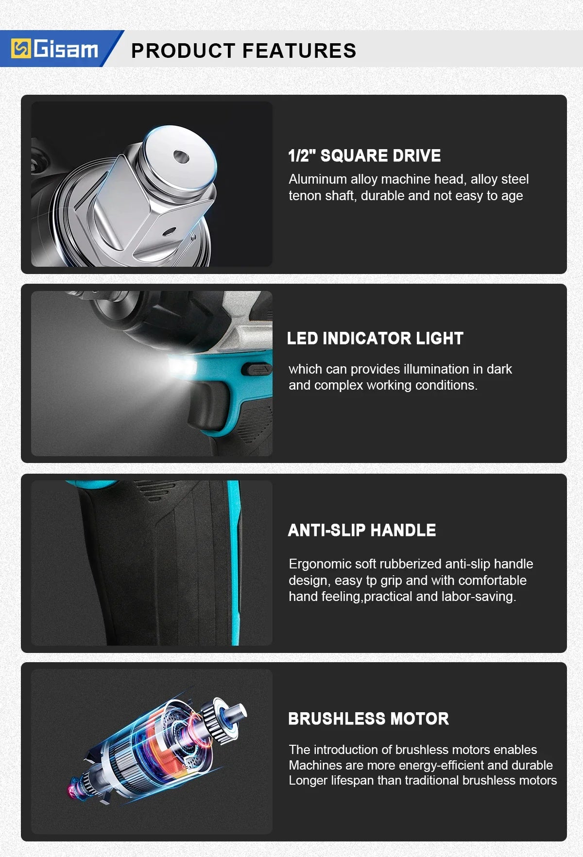 Makita 18V compatible Gisam 1800N.M Torque Brushless Electric Impact Wrench 1/2 inch Screwdriver Cordless Wrench Power Tool For Makita 18V Battery pin