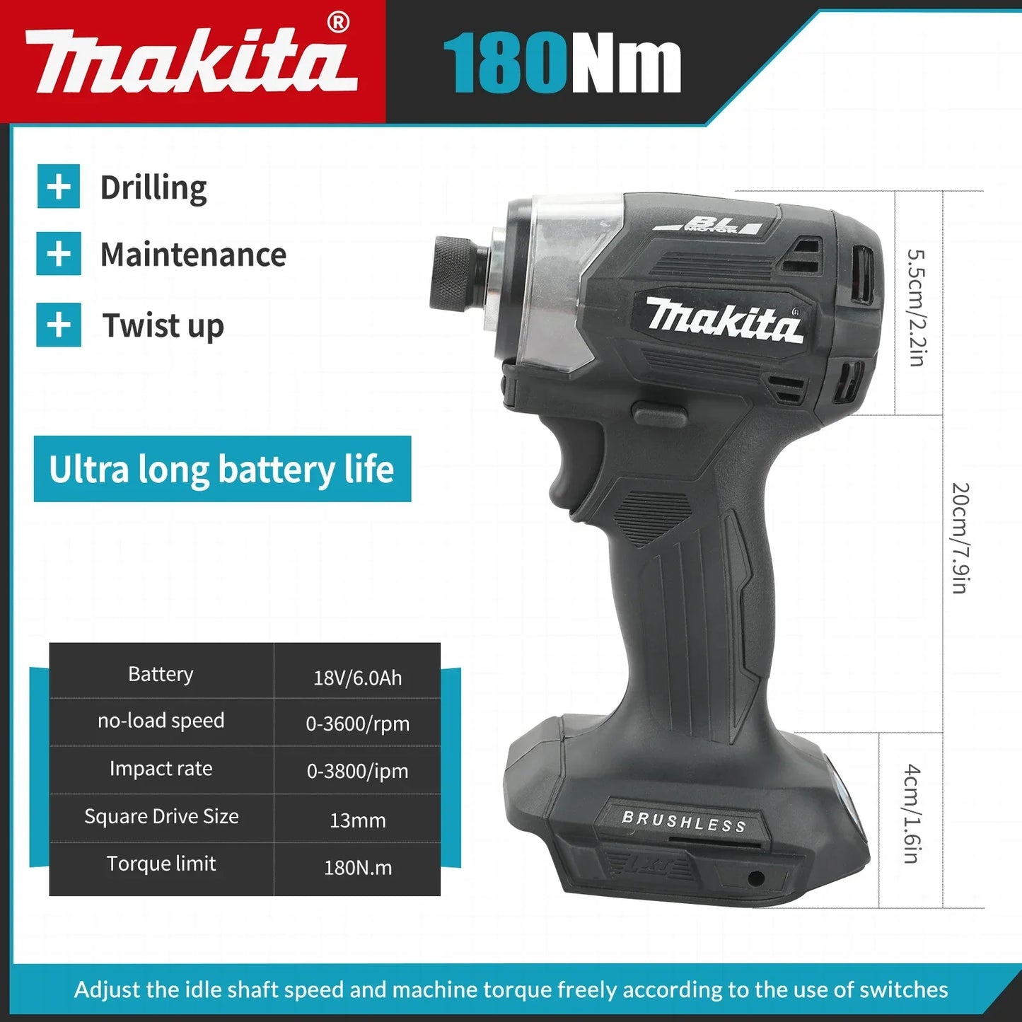 Makita 18V DTD173 18V Cordless Impact Driver LXT BL Brushless Motor Electric Drill Wood/Bolt/T-Mode 180 N·M Rechargeable Power Tools