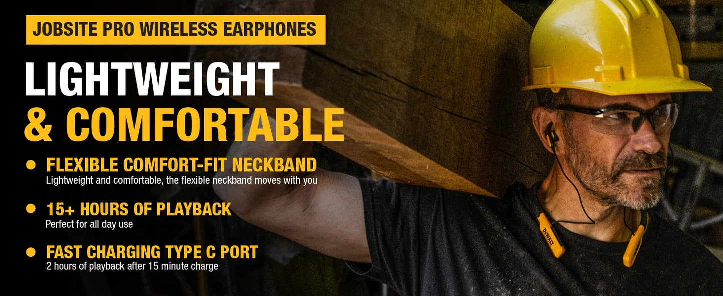 DEWALT Wireless Bluetooth Headphones Neckband Earphones with 15H Playtime