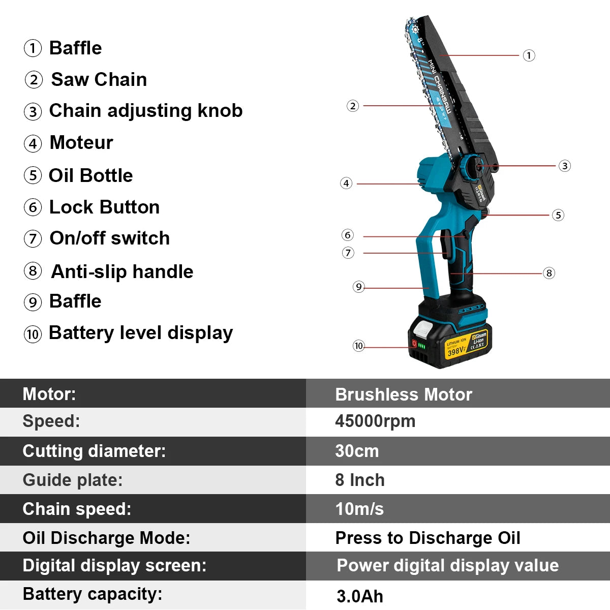 Makita Compatible 18V Gisam 8 Inch Brushless Electric Chainsaw Cordless Electric Saw Woodworking Garden Pruning Saw Tool For Makita 18V Battery Pins