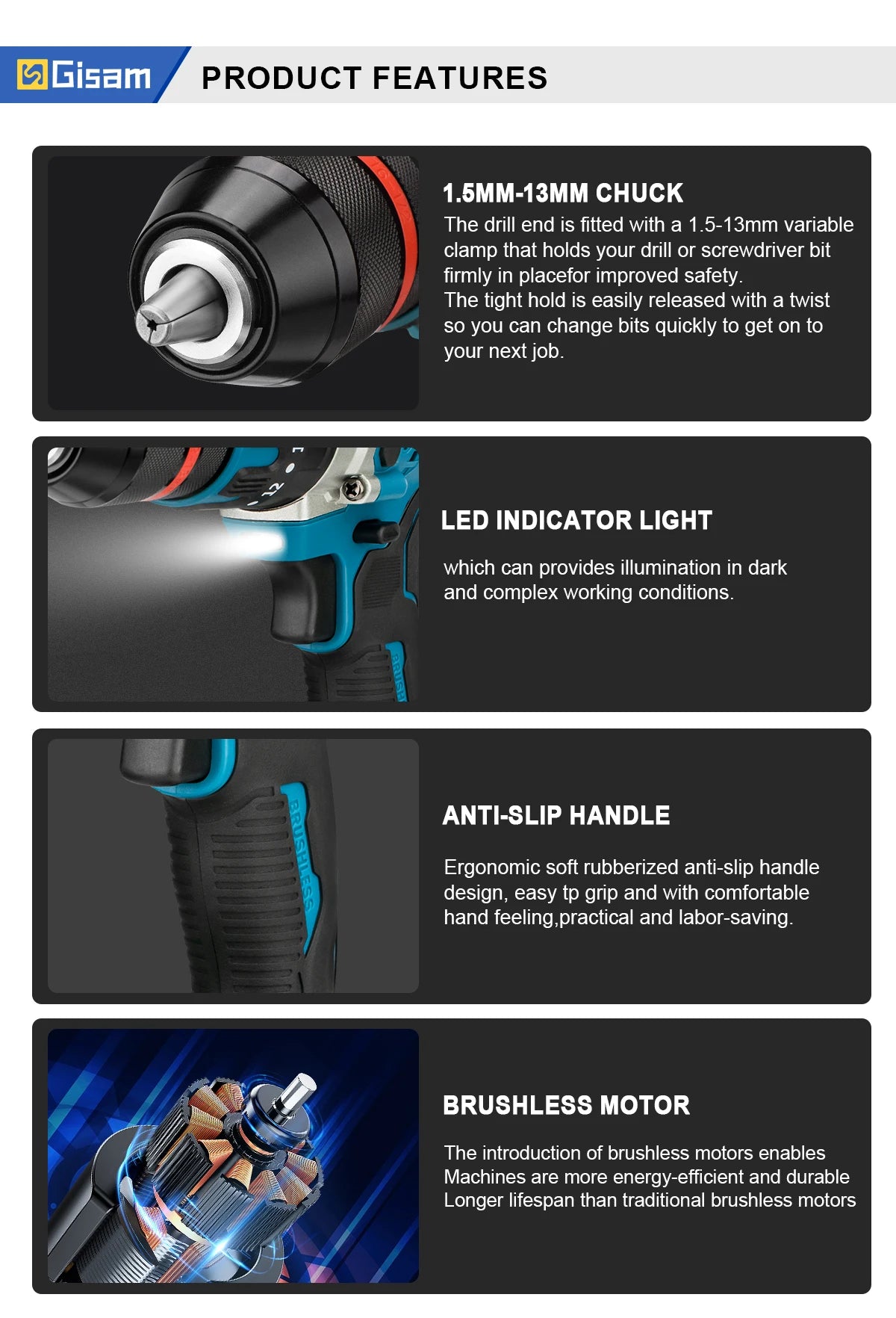 Makita Compatible 18V Gisam 13mm 480N.M Brushless Electric Impact Drill Cordless Drill Electric Screwdriver DIY Driver Power Tool for Makita 18V Battery Pin