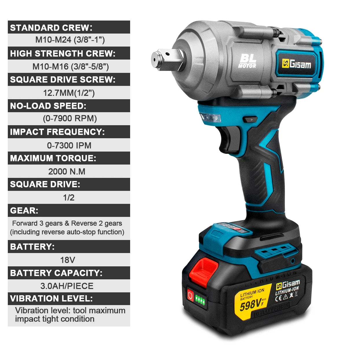 Makita 18V Compatible Gisam 2000N.M Torque Brushless Electric Impact Wrench 1/2 inch Screwdriver Cordless Wrench Power Tool For Makita 18V Battery Pin