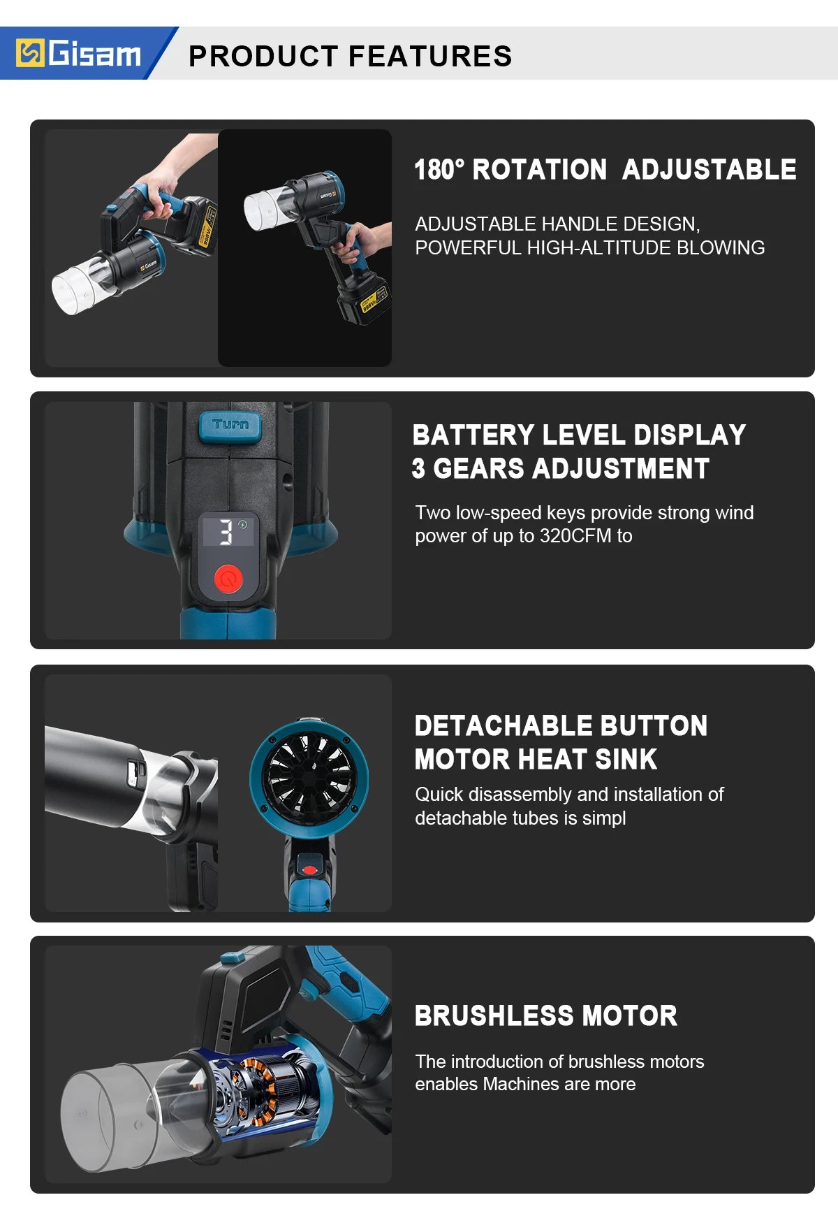 Makita Compatible 18V Gisam 35000RPM Brushless Electric Air Blower 2in1 Turbo Blower Fan Leaf Dust Snow Blowing Clean Tool For Makita 18V Battery Pin