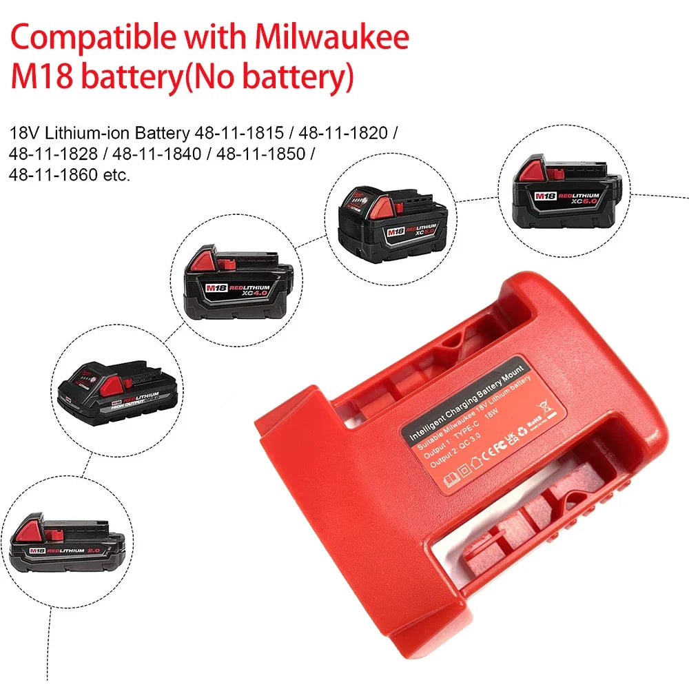 Battery Adapter for Milwaukee 18V Battery Adaptor with USB Charger & Type-C PD Power Source