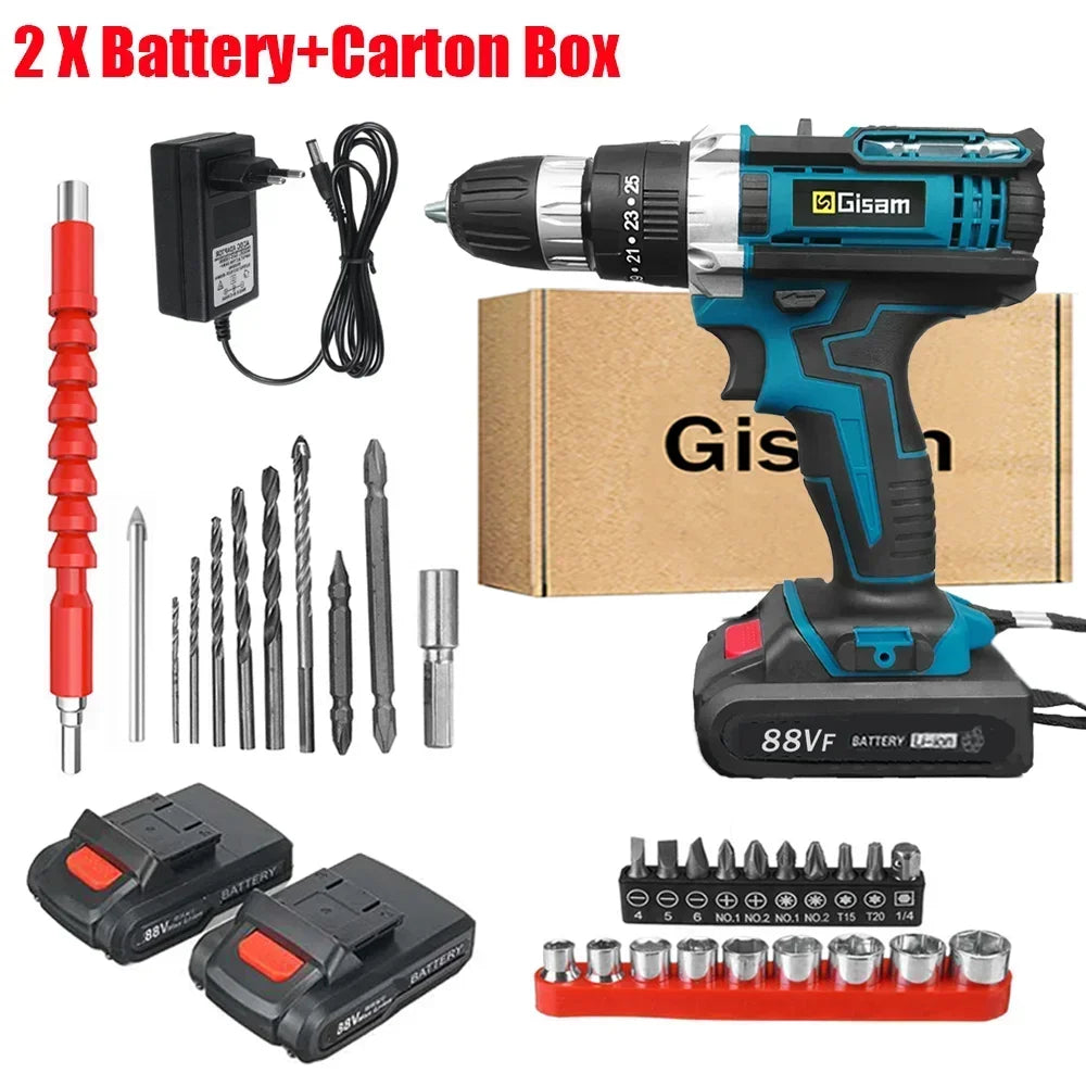 Makita Compatible 18V JV Gisam Cordless Impact Drill set with 2x batteries and charger Electric Screwdriver Rechargeable Handheld Hammer Drill Power Tool 25+3 Torque Driver Li-ion Battery